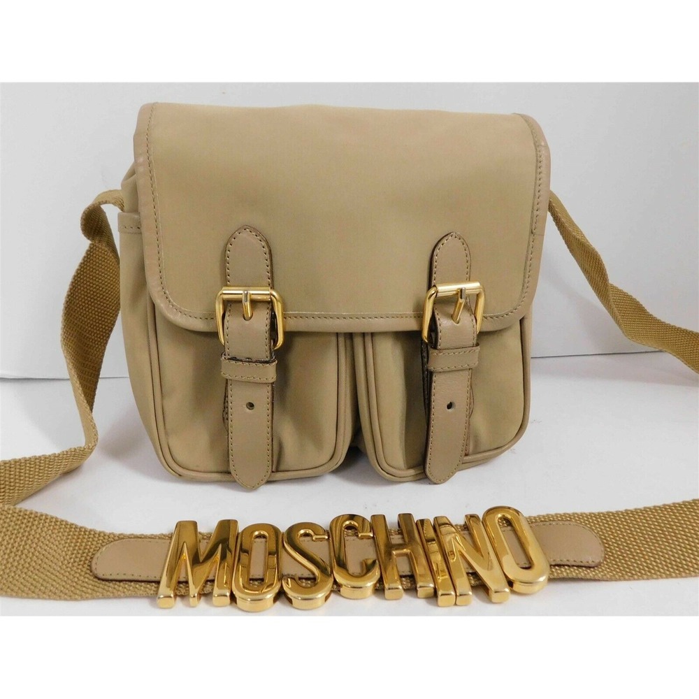 Moschino Redwall Italy Vintage Beige Nylon Leather Block Letter Crossbody Bag